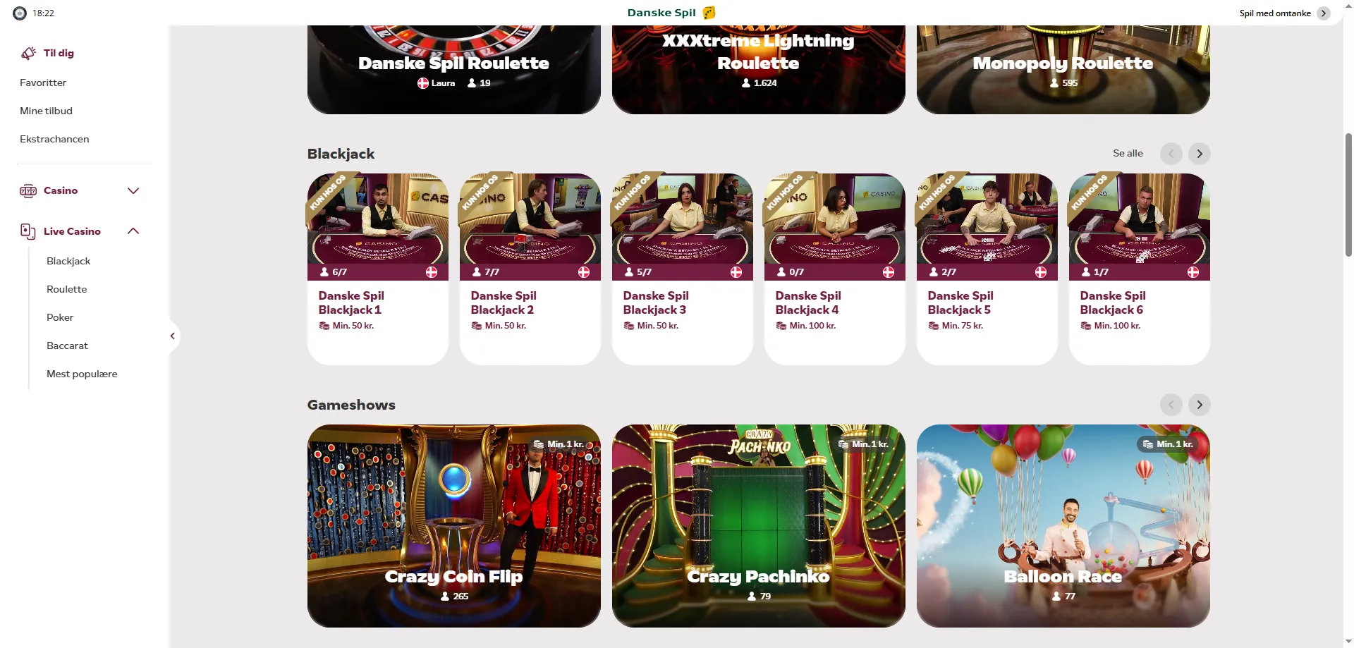 DanskeSpil live casino med roulette og blackjack mod rigtige dealere